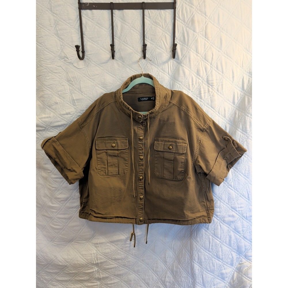 Lauren Ralph Lauren Cropped Utility Jacket 18W Khaki Green Button Drawstring